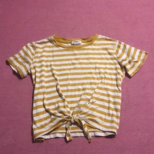 Yellow striped girl’s tie front top.